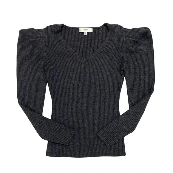 MILLY Isabella Puffed Shoulder Ribbed Wool Sweater Long Sleeve Gray Size 2 - Picture 1 of 10